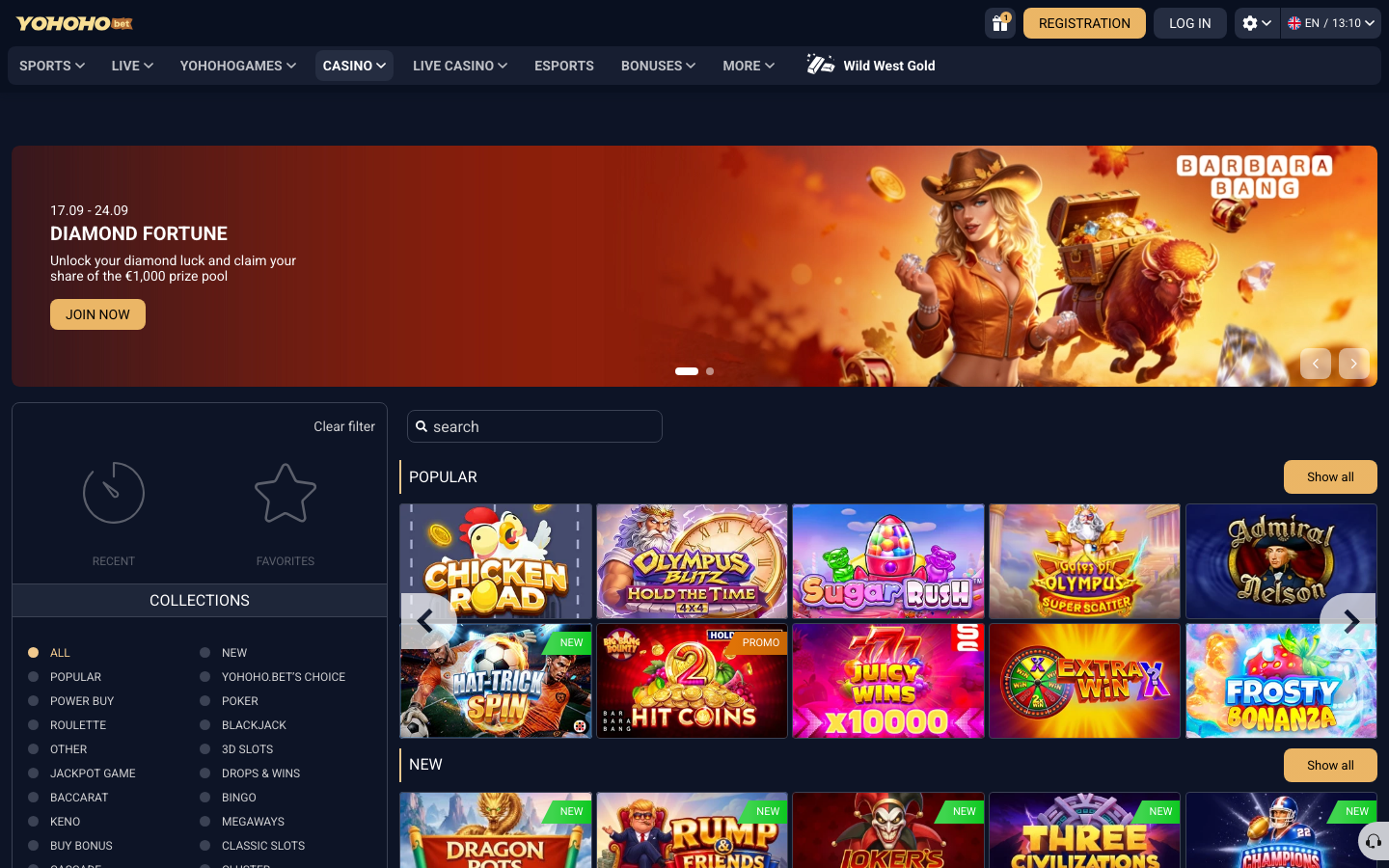 YoHoHo Bet online casino games interface