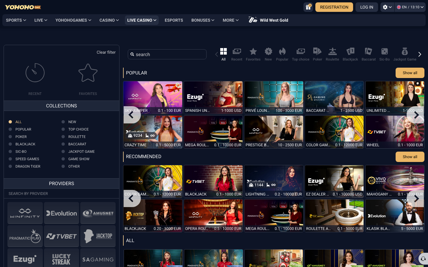 YoHoHo Bet live casino interface